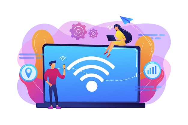 Деловые люди, использующие ноутбук и смартфон с подключением Wi-Fi. Подключение Wi-Fi, технология связи Wi-Fi, концепция бесплатных интернет-услуг. Яркие яркие фиолетовые изолированные иллюстрации