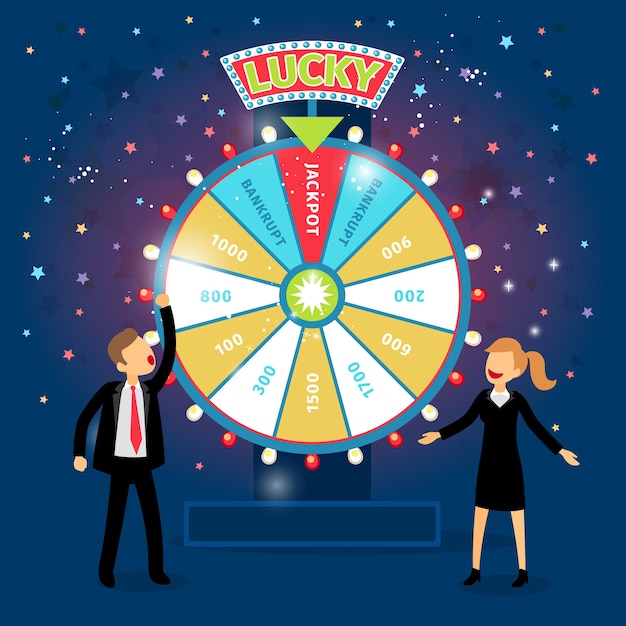 Free vector business people with financial wheel of fortune. gambling concept. chance and risk, success and win, game and money.