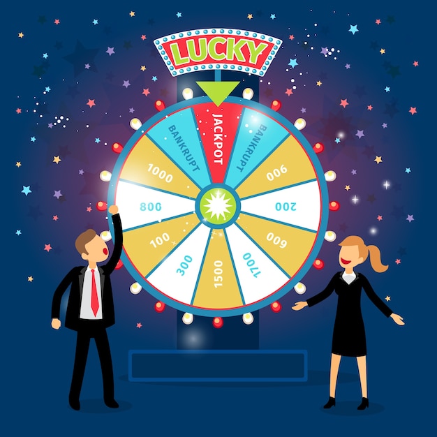 Business people with financial wheel of fortune. Gambling concept. Chance and risk, success and win, game and money.