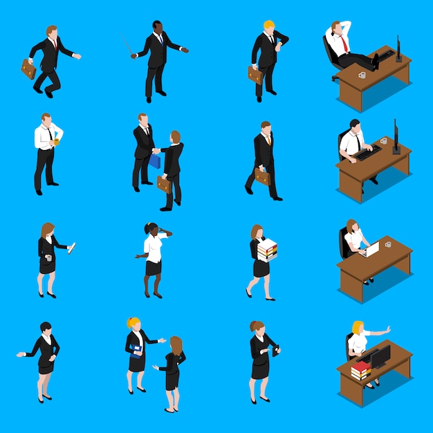 Free vector business people work isometric icons set