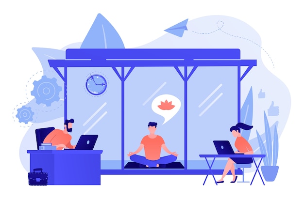 無料ベクター 瞑想とリラックスエリアでオフィスのラップトップで働くビジネスマン。オフィス瞑想室、瞑想ポッド、オフィスリラックス場所のコンセプト。ピンクがかった珊瑚bluevector分離イラスト