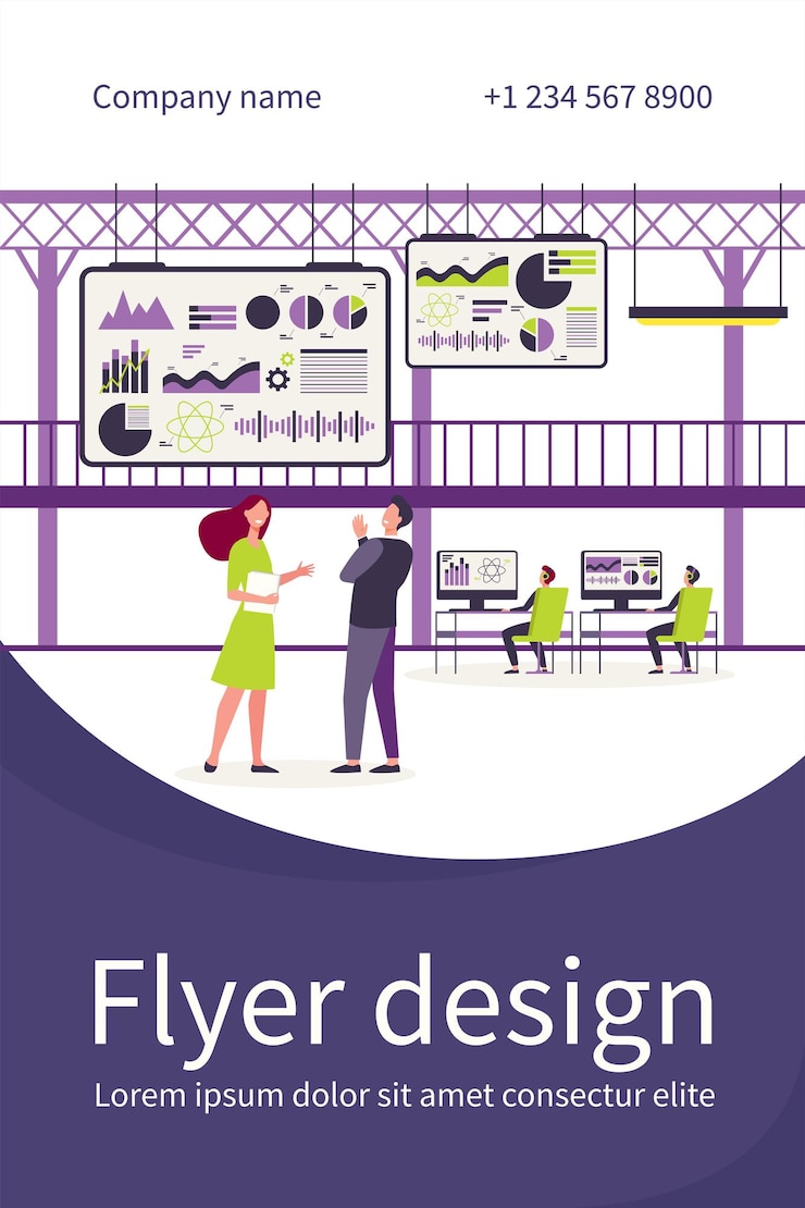 Free Vector business people working in control center with big screens flat flyer template