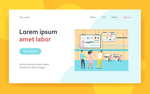 Деловые люди, работающие в центре управления с целевой страницей с большим экраном
