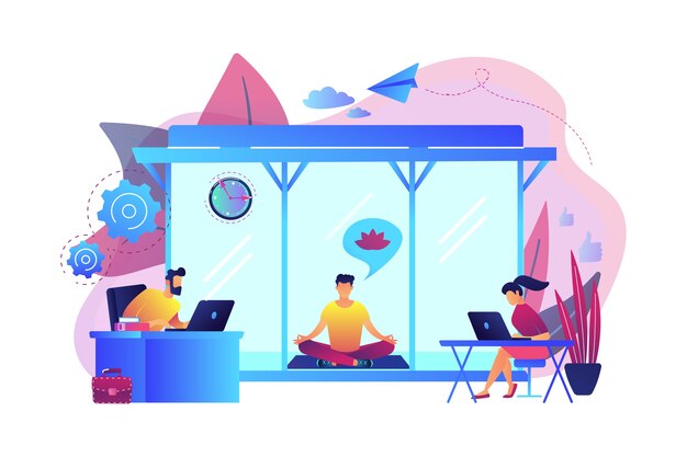 Business people working at laptops in office with meditation and relax area. Office meditation room, meditation pod, office relaxing place concept. Bright vibrant violet  isolated illustration