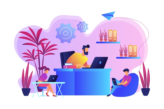 Business people working in modern eco-friendly office with plants and flowers. Biophilic design room, eco-friendly workspace, green office concept. Bright vibrant violet  isolated illustration