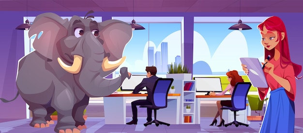 Бесплатное векторное изображение Деловые люди, работающие на компьютерах, слон в центре офиса компании. векторная карикатура на сотрудников, занятых концепцией проекта игнорирования проблемы, не замечая неприятной ситуации