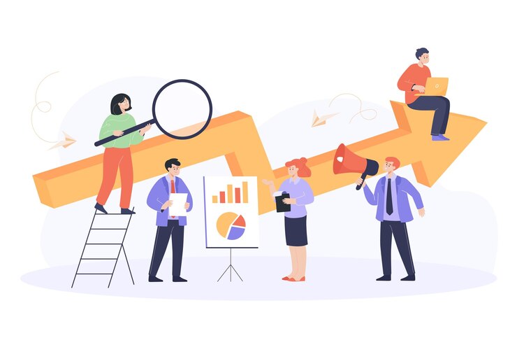 Free Vector business people working together on project. men and women sitting on huge arrow, analyzing diagrams flat vector illustration. achievement, company, teamwork concept