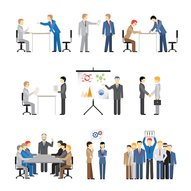 Free vector business peoples in different poses for teamwork, meetings and conference.