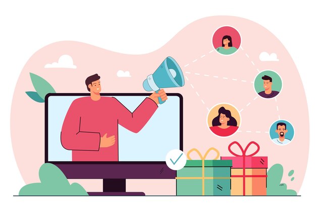 Business person using social media referral strategy online. Getting new product consumers through internet, customer review or interaction management flat illustration