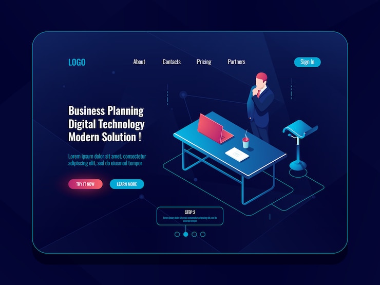Free Vector business planning concept, businessman stay and think brainstorm process, workflow in office, laptop