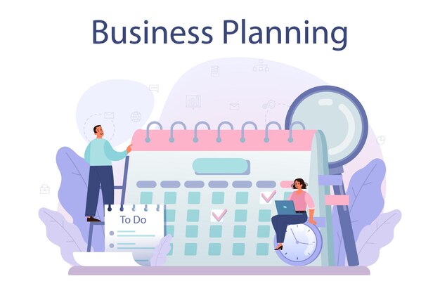 Business planning concept Idea of business strategy Setting a goal or target and following schedule Financial research analysis and organization Isolated flat vector illustration