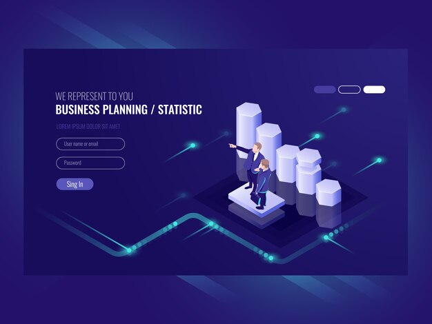 Business planning, statistic, illustration with two businessman