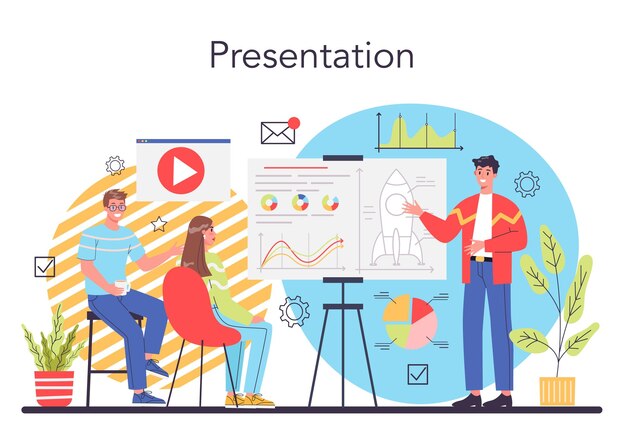 Business presentation concept Businesspeople in front of group of coworker Presenting business plan or report on a seminar Pointing at the graph Flat vector illustration