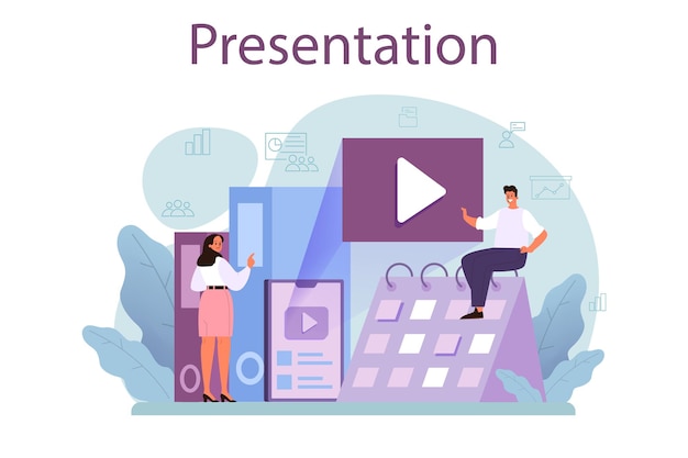 Free vector business presentation concept businesspeople in front of group of coworker presenting business plan or report on a seminar pointing at the graph flat vector illustration