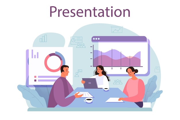 Free vector business presentation concept businesspeople in front of group of coworker presenting business plan or report on a seminar pointing at the graph flat vector illustration