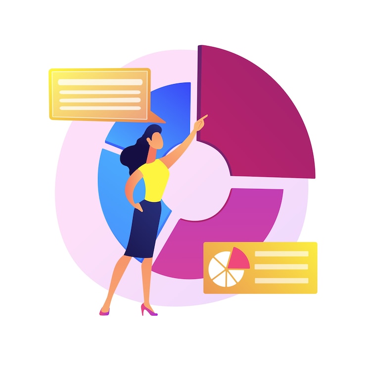Free Vector business presentation. data analytics, pie chart, infographics visualization. report analyzing. businessman character analyzing statistics.  