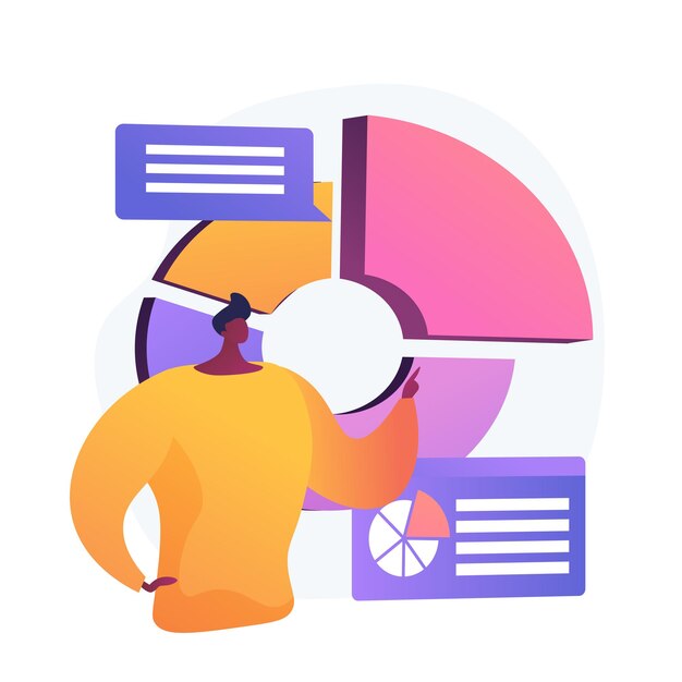 Presentazione aziendale. analisi dei dati, grafico a torta, visualizzazione di infografiche. analisi del rapporto. carattere dell'uomo d'affari analizzando le statistiche.
