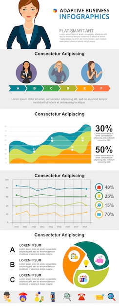 Insieme di diagrammi infographic di concetto di progresso e analitica di affari