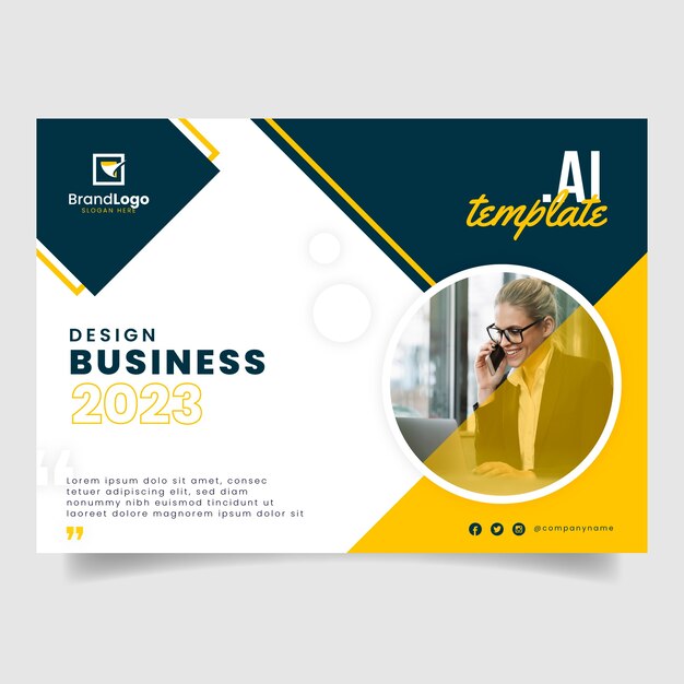 Business report flyer template with business woman photo