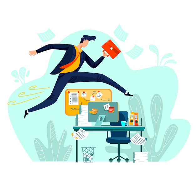 Business - running overcoming obstacles, concept vector cartoon illustration.