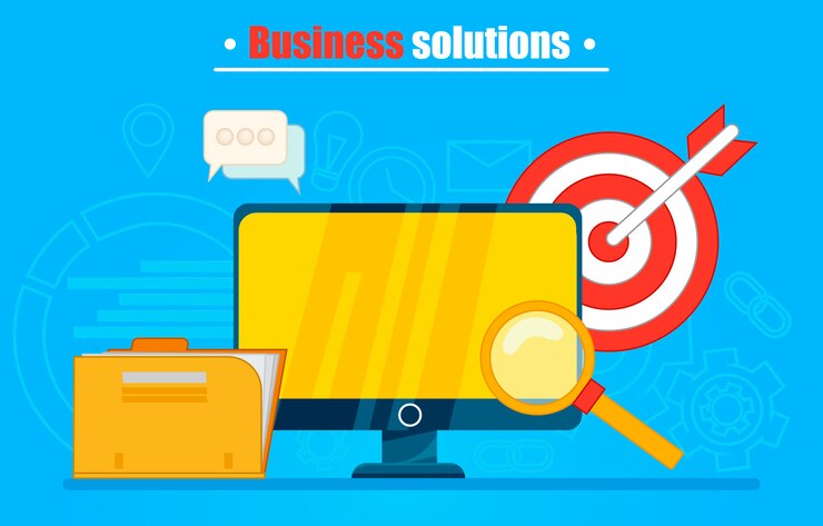 Free Vector business solutions banner or background. computer with folder, magnifying glass, darts 