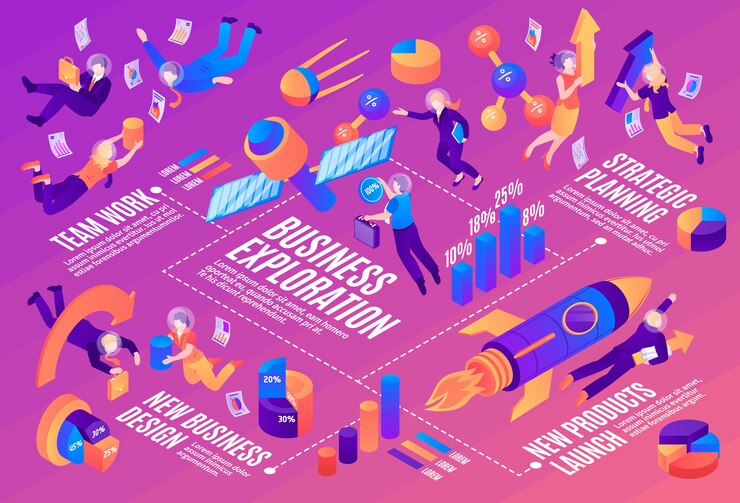 Free Vector business space infographics layout with strategic planning team work new products launch isometric elements