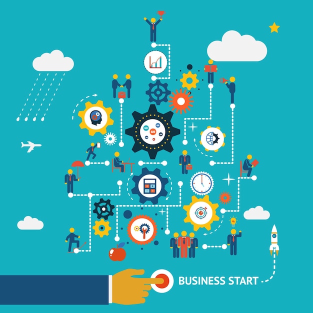 Free vector business start infographics template. scheme with humans, icons and gears