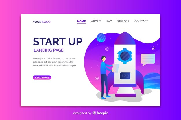 Business startup landing page with rocket