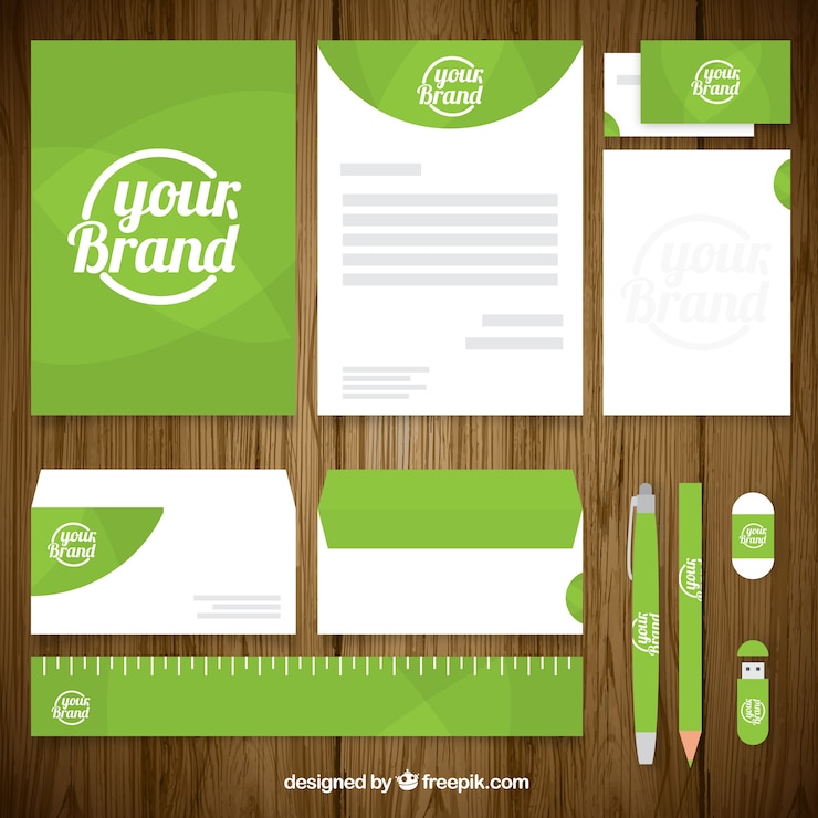 Free Vector business stationery pack in green color