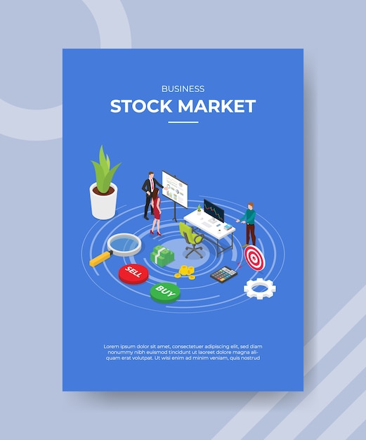 Business stock market men presentation chart board to women for template of banner and flyer