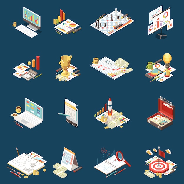 Free vector business strategy isometric icon set isolated different elements on the theme and abstract compositions  illustration