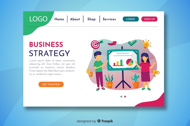 Business strategy landing page with characters presenting