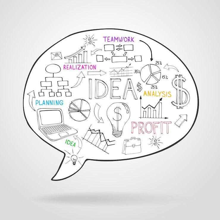 Free Vector business strategy and planning in a speech bubble with icons depicting flow charts  analysis  light bulb  ideas  teamwork and profit  vector illustration