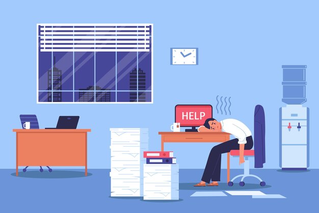 Business stress composition with burned-out women and text help on laptop screen flat vector illustration
