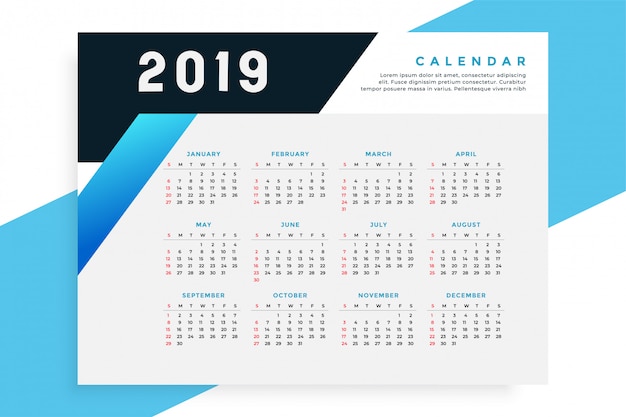 Vettore gratuito modello di calendario di stile di affari 2019