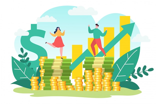 ビジネスの成功 お金の有益な投資金融 イラスト 成長収入グラフで男性女性キャラクター プレミアムベクター