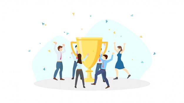 Premium Vector Business Team Celebration Around Big Golden Trophy For Success In Flat Icon Design On White Background