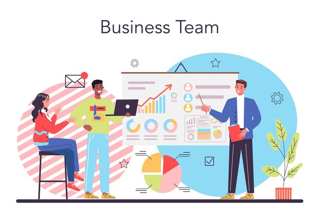 Концепция бизнес-команды Идея стратегии и достижения в командной работе Группа людей работает вместе для развития бизнеса Коммуникация и сотрудничество Векторная плоская иллюстрация