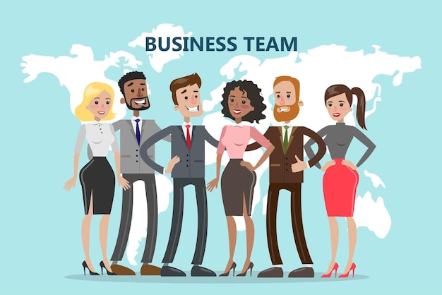 Free vector business team illustration happy smiling people standing with world map