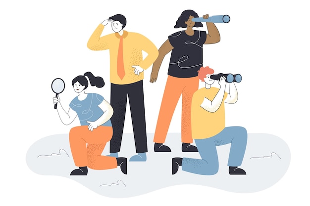Business team looking for new people. Allegory for searching ideas or staff, woman with magnifier, man with spyglass flat illustration