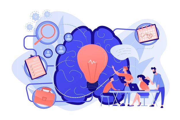 Business Team Working On Project. Project Management, Business Analysis And Planning, Brainstorming And Research, Consulting And Motivation Concept. Vector Isolated Illustration.