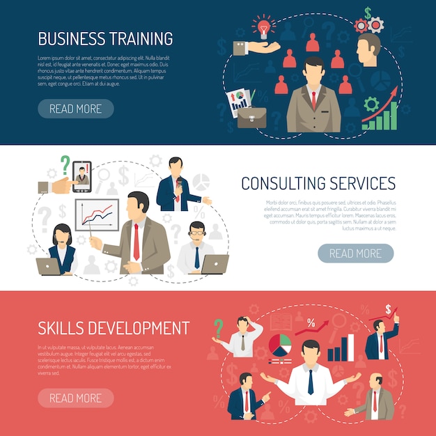 Free vector business training consulting horizontal banners set