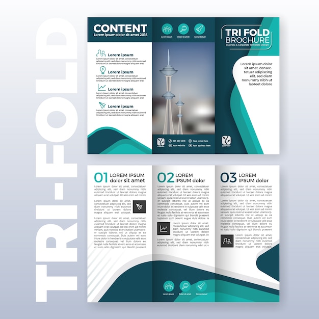Business tri-fold brochure template design with turquoise color scheme in a4 size layout with bleeds