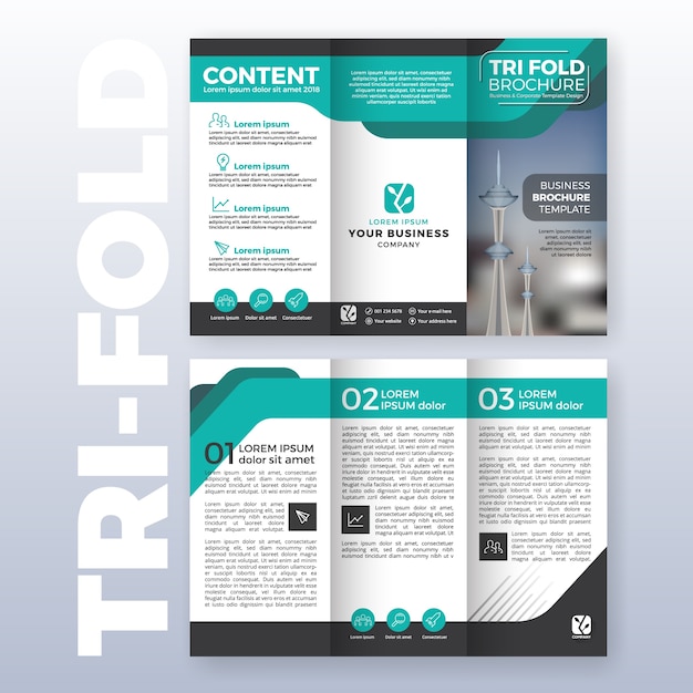 Business tri-fold brochure template design with Turquoise color scheme in A4 size layout with bleeds