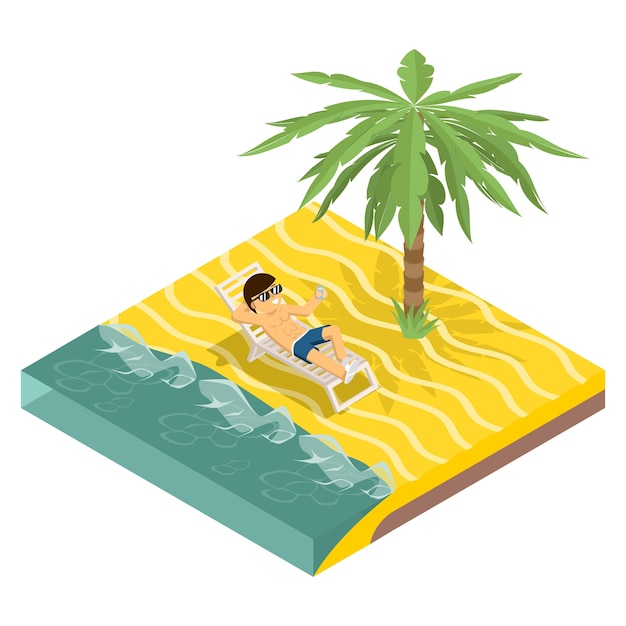 Деловой отдых. Бизнесмен на пляже под пальмой в изометрической проекции