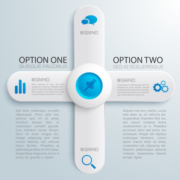 Деловая инфографика веб-дизайна с текстовыми серыми баннерами в форме креста синего круга иконок иллюстрации
