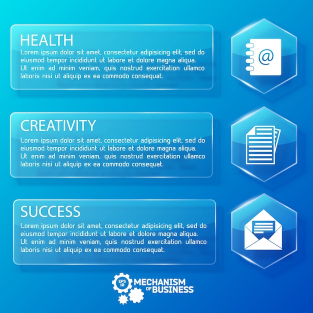 Business web glass horizontal banners with text hexagons and white icons on blue illustration