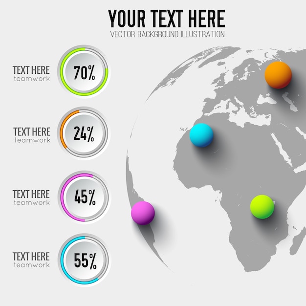 Бесплатное векторное изображение Бизнес-концепция веб-инфографики с процентом круглых кнопок и красочными шарами на земном шаре
