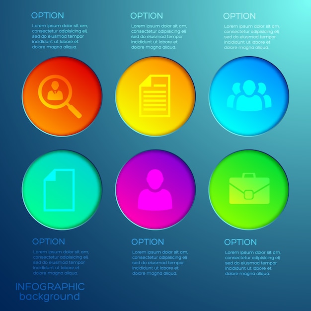 Infografica web aziendale con sei opzioni pulsanti rotondi colorati e icone