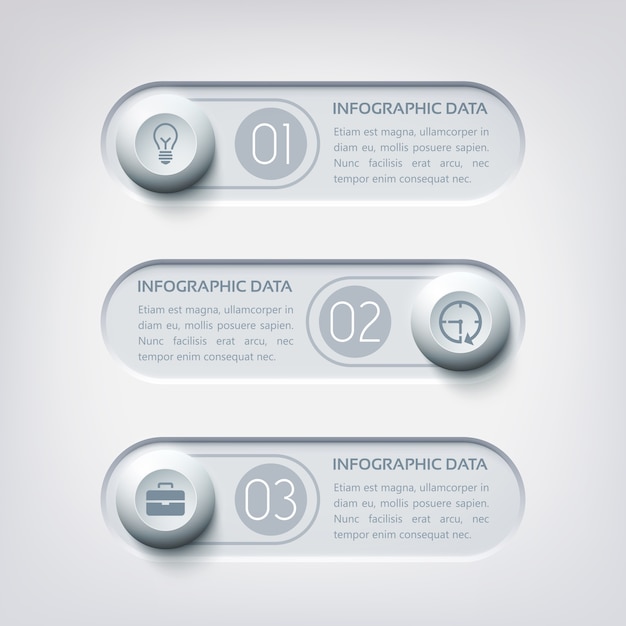 Деловая веб-инфографика с тремя горизонтальными баннерами, круглыми кнопками и значками в серых тонах